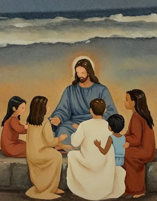 Prompt: Faceless painting of Jesus sitting with children of all races, stunning composition, ethereal atmosphere, high quality, 8k, masterful painting, detailed, fine body details, watercolor, detailed waves, professional, serene, divine presence, serene, detailed, fine body, children of all races, stunning composition, ethereal atmosphere, 8k, masterful, watercolor, divine presence, professional