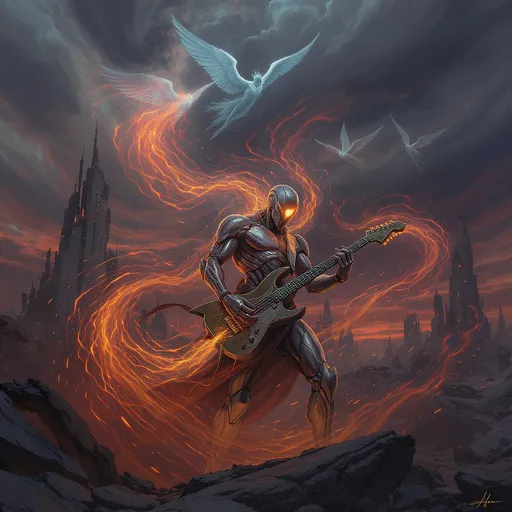 Prompt: Amidst the remnants of a desolate cityscape, a humanoid figure with a metallic sheen stands poised, strumming a guitar, casting a glowing, fiery orange trail through the air. The character, adorned with futuristic armor, exudes an intriguing mix of humanity and technology, highlighted by their illuminated eye that suggests a connection to an unseen power. Surrounding them, ethereal winged beings with ghostly forms emerge from swirling clouds above, infusing the scene with a surreal energy. The backdrop features towering, crumbling structures that hint at a once-vibrant civilization now in ruins, all under a dramatic sky filled with ominous clouds transitioning from deep blues to vibrant oranges. This captivating composition intertwines themes of hope, art, and resilience in a stark, dystopian environment, evoking a haunting yet inspiring mood.