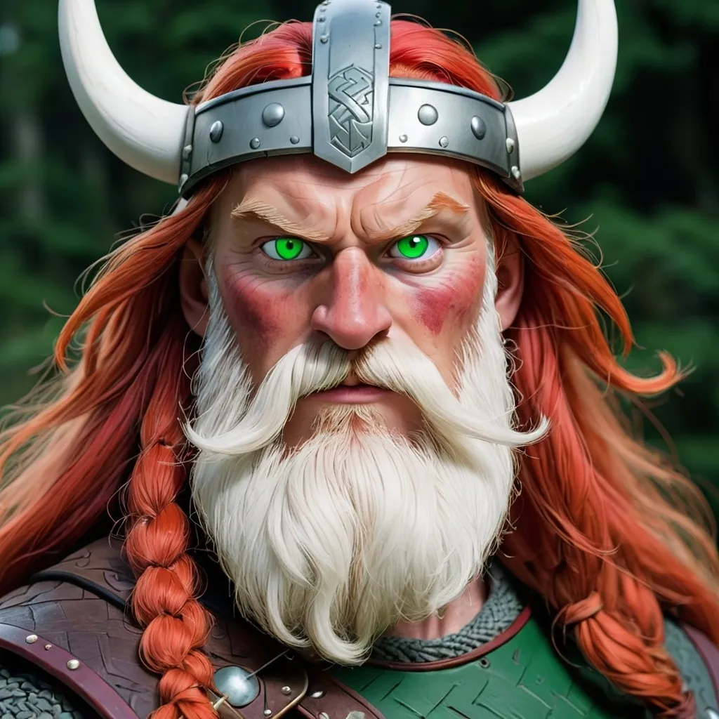 Prompt: Eric the Red, with green eyes, white beard and long red hair the most feared viking ever