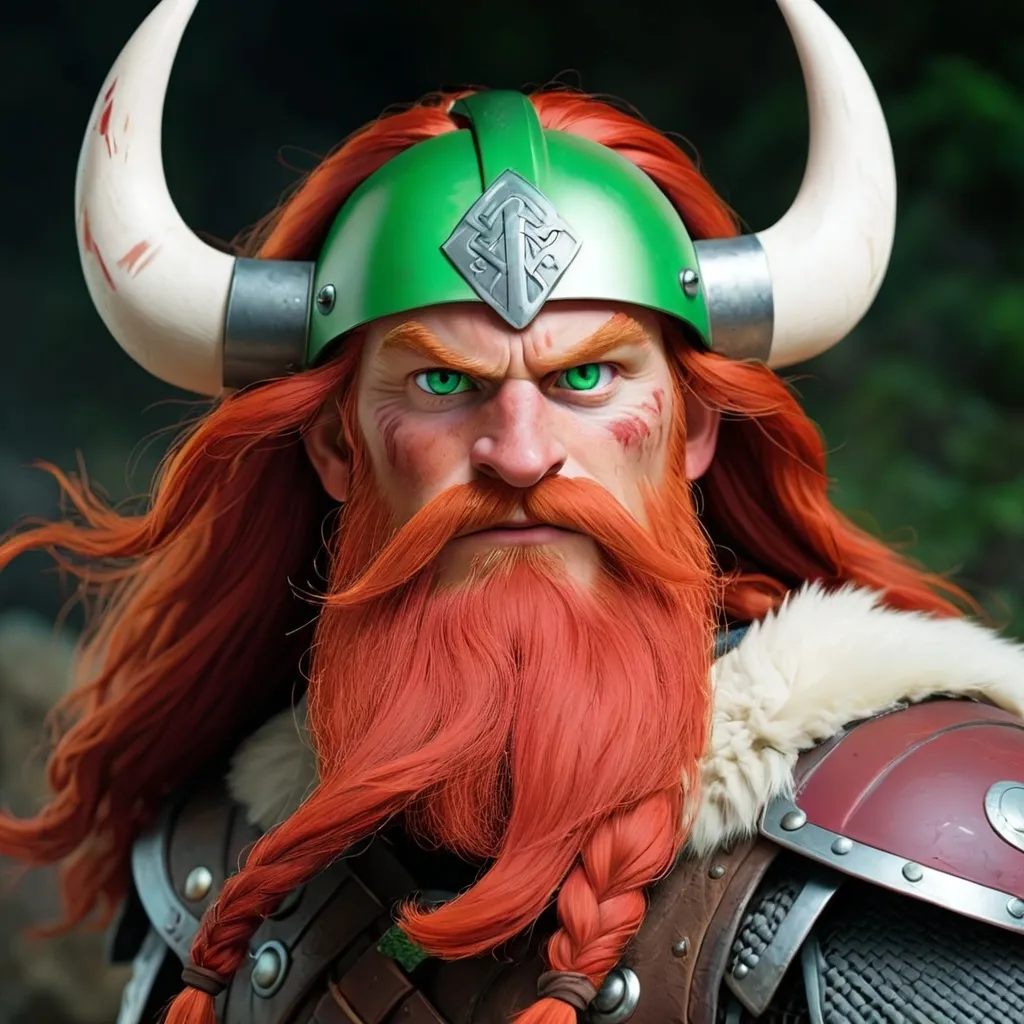 Prompt: Eric the Red, with green eyes, white beard and long red hair, with helmet that says vNo in the front, he is the most feared viking ever