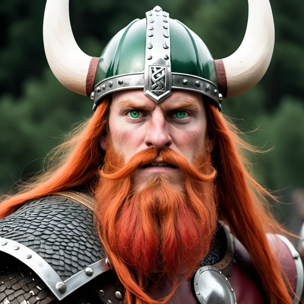 Prompt: Eric the red has a long white beard and green and gray eyes, long red hair, has a horned helmet that says "vNo" on the front and he is super mad and is the most feared viking ever