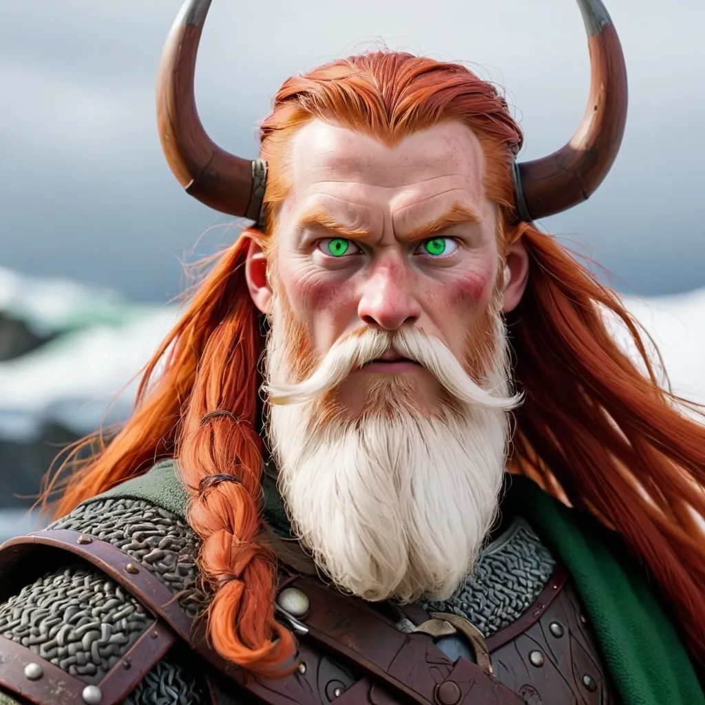 Prompt: Eric the Red, with green eyes, white beard and long red hair the most feared viking ever