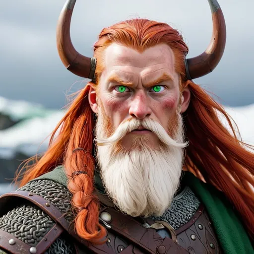 Prompt: Eric the Red, with green eyes, white beard and long red hair the most feared viking ever