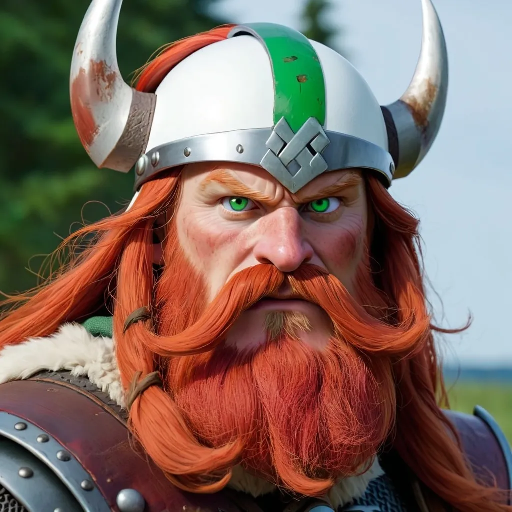 Prompt: Eric the Red, with green eyes, white beard and long red hair, with helmet that says vNo in the front, he is the most feared viking ever