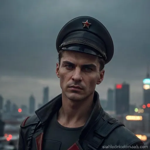 Prompt: Stern face of a handsome Soviet revolutionary cyberpunk investigator vigilantly looks at you with subtle arrogance of a man that lived to see the year 2724 and all the technological advances of balanced socialism 4.0. His minimal and elegant augmentation chrome matches the 1920's leather commissar coat and officer uniform. A flourishing view of a lively glorious Moscow City with flying taxi cars and neon advertisements of geisha sushi bars and motorbikes fills the background. 