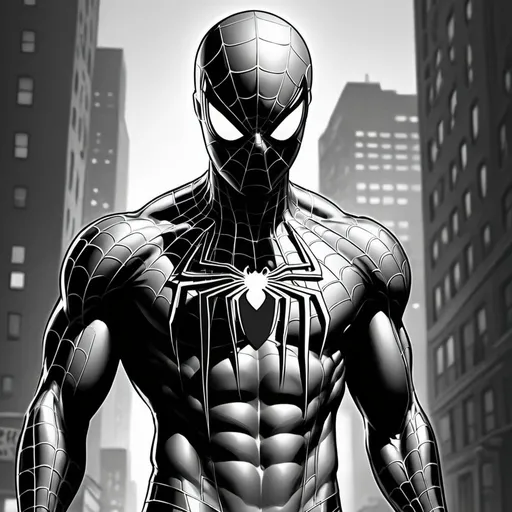Prompt: Spider-Man without mask covering face, detailed facial features, dynamic pose, full body, penciled illustration, urban setting, cityscape background, black and white, high quality,  dramatic lighting, black spider on chest, dramatic lighting, detailed eyes, detailed hands, detailed anatomy, professional, drawn in Frank Miller style
