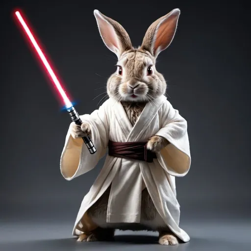 Prompt: A rabbit standing on two legs that is dressed in robes holding a lightsaber