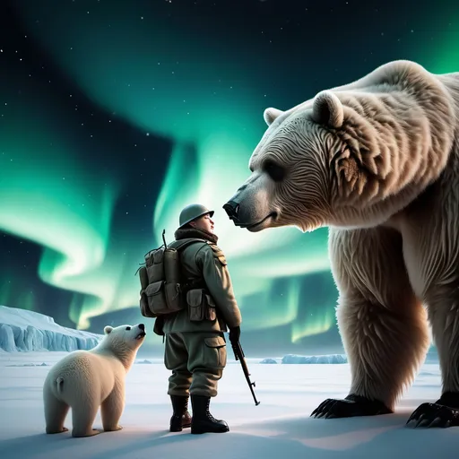 Prompt: a realistic finnisch looking soldier standing in front of a bear with flufy fell.the sky with polar lights 
