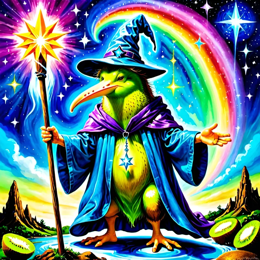 Prompt: Oil Pastel Sureallist depiction of a kiwi bird dressed as a wizard and real estate agent, wearing a starry wizard's hat and a flowing cloak. The kiwi stands upright, holding a glowing staff in one wing and a 'For Sale' sign in the other. Surrounding the bird is a surreal dreamscape blending fantastical elements (floating islands, ethereal lights) with modern real estate imagery (houses with abstract architecture). The lighting is magical, with soft glows and mysterious shadows, and the colors are vivid and slightly otherworldly