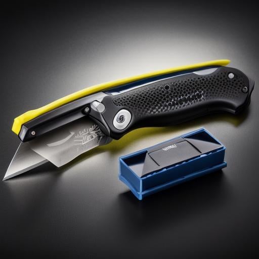 Prompt: "Generate a product image showcasing a utility knife equipped with a mechanism to shoot blades. The knife should be displayed against a modern backdrop, with a focus on its sleek design and innovative features. Ensure clear visibility of the shooting mechanism and blades. Convey confidence and security, appealing to customers interested in self-defense tools."