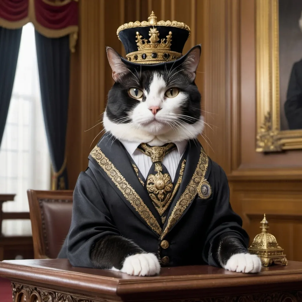 Prompt: Create an image of a regal black and white cat dressed as the Prime Meow-nister, standing confidently at a podium in a grand government setting. The cat is wearing a formal suit with a tie, and a small, dignified hat. The background should include the interior of a parliamentary building, with elegant wooden furniture, a large window, and ornate decorations. The cat has a serious, focused expression, embodying the authority and responsibility of its role. The lighting should be soft and professional, highlighting the cat's fur and the details of the setting.