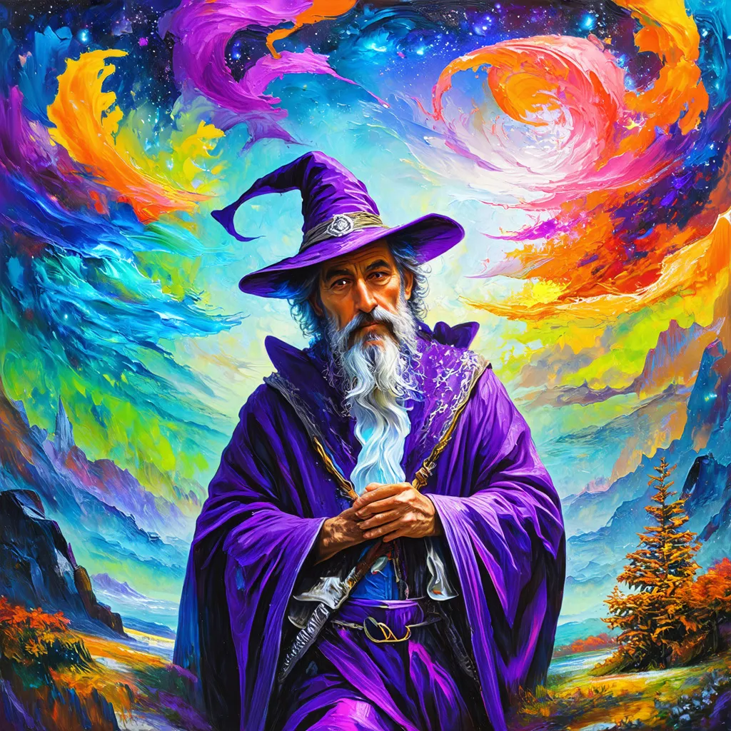 Prompt: Genrate a psycahdelic expressionist painting featuring crazy colors and a wizard in a purple robe

