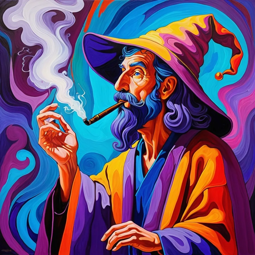 Prompt: Genrate a psycahdelic expressionist painting featuring crazy colors and a wizard in a purple robe smoking a pipe and studying

