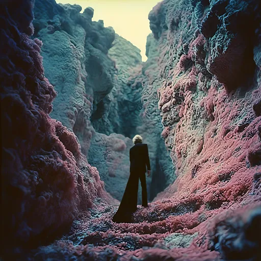 Prompt: <mymodel>polaroid argentic style, man, canyon, 1960 photography, heat, scary black shadow of a person, ritual hostel, atefacts, dramatic, the holy mountain, infrared photography