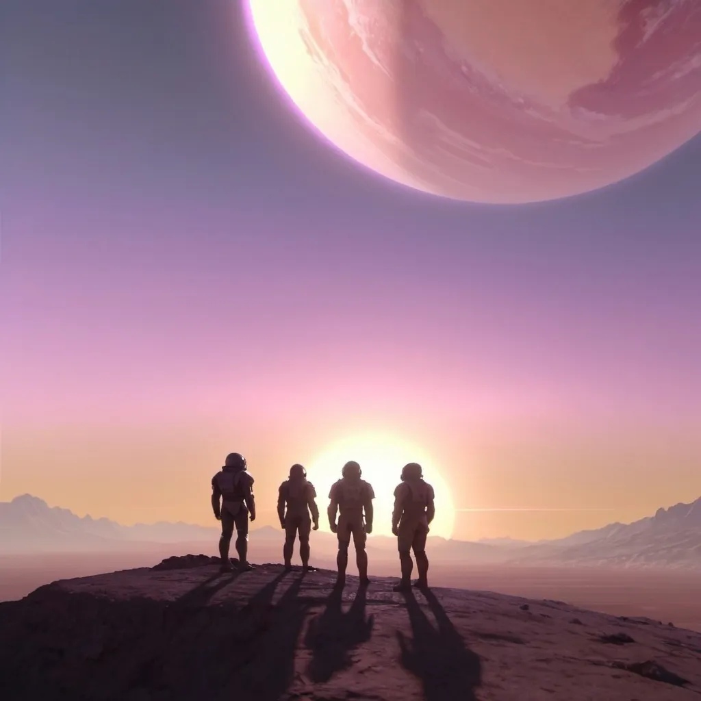 Prompt: create a science fiction scene of a group of people from behind looking at a large close planet during sunrise 