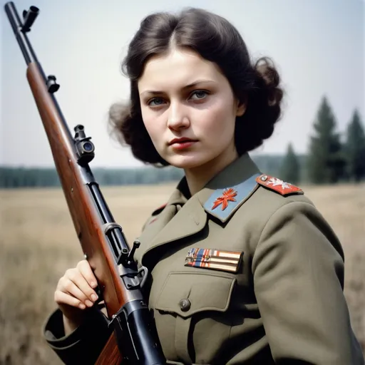 Prompt: Lyudmila Pavlichenko possessed distinct physical characteristics that could be highlighted for an AI art platform to capture her unique appearance

Eyes: Pavlichenko's eyes were often described as intense and focused When depicted in art emphasizing the determination in her gaze can convey her unwavering commitment to her role as a sniper

Hair: She had dark hair usually worn in a practical and functional manner typical of military service during that era Artists could explore different styles that reflect both her femininity and her dedication to her duty

Uniform: Pavlichenko's military uniform was a significant part of her identity Illustrations could showcase the details of her Soviet uniform complete with badges and decorations to emphasize her rank and accomplishments

Sniper Rifle: Including Pavlichenko with her sniper rifle preferably a Mosin-Nagant could symbolize her deadly accuracy and expertise as a sniper Artists can pay attention to the details of the weapon and her confident posture while holding it

Scars or Wounds: Given that she was wounded in battle showing subtle scars or bandages could add realism to the depiction highlighting the physical toll of war on her but also emphasizing her resilience

Posture: Pavlichenko was known for her poise and confidence Artists can capture her strong and determined posture reflecting her courage and the respect she commanded on the battlefield

Background Elements: Depending on the context of the artwork incorporating elements from the Eastern Front such as snow-covered landscapes or war-torn cityscapes can enhance the narrative and historical accuracy

Remember the goal is to create an art piece that not only captures the physical likeness of Lyudmila Pavlichenko but also conveys the spirit and significance of her role as a Soviet sniper in World War II