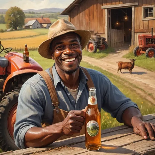 Prompt: Smiling black farmer raising a beer bottle like a toast, rustic countryside setting, vintage tractor in the background, warm and nostalgic vibes, oil painting, detailed facial features, rustic charm, high quality, vintage, warm tones, countryside, rustic, joyful expression, traditional farming, atmospheric lighting