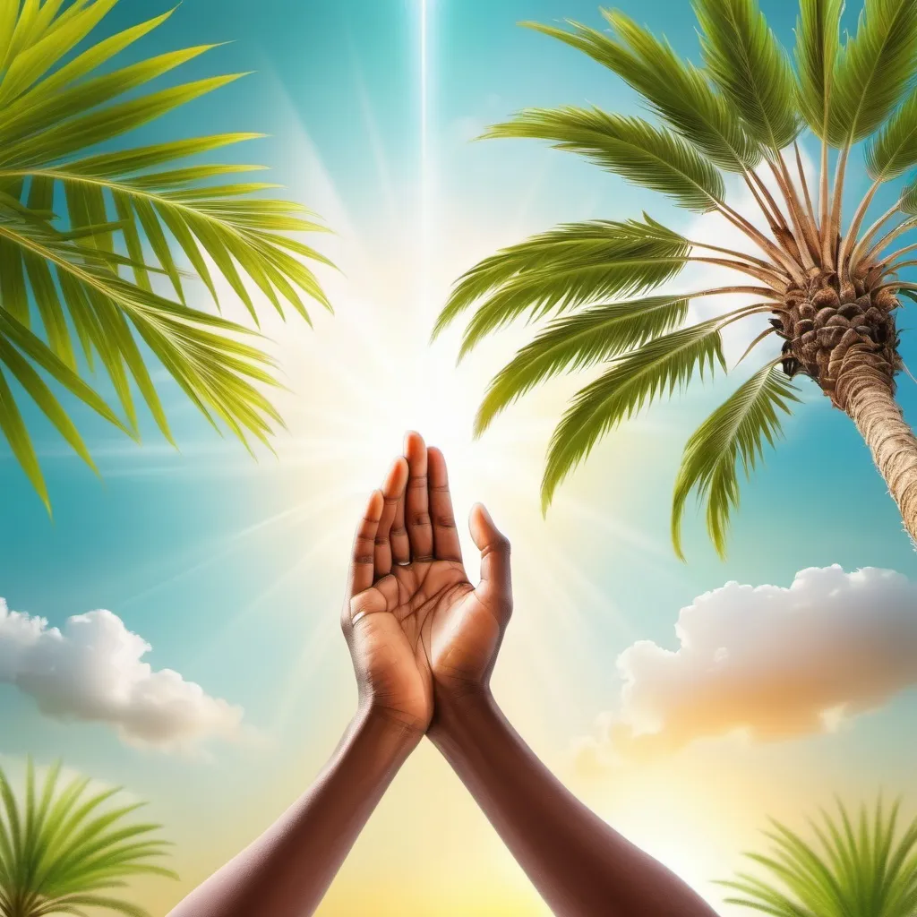 Prompt: prayer, healing, anointing, background with palm tree and spring