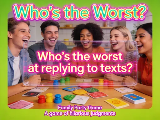 Prompt: Design a colorful card from a family party game called 'Who's the Worst?'. Each card displays a humorous daily-life scenario in bold text, like 'Who’s the worst at replying to texts?' Use large, playful fonts, bright neon colors, and a clear scenario box centered on each card. Ensure the deck has a polished, fun vibe, with a group of diverse people laughing around a game table.