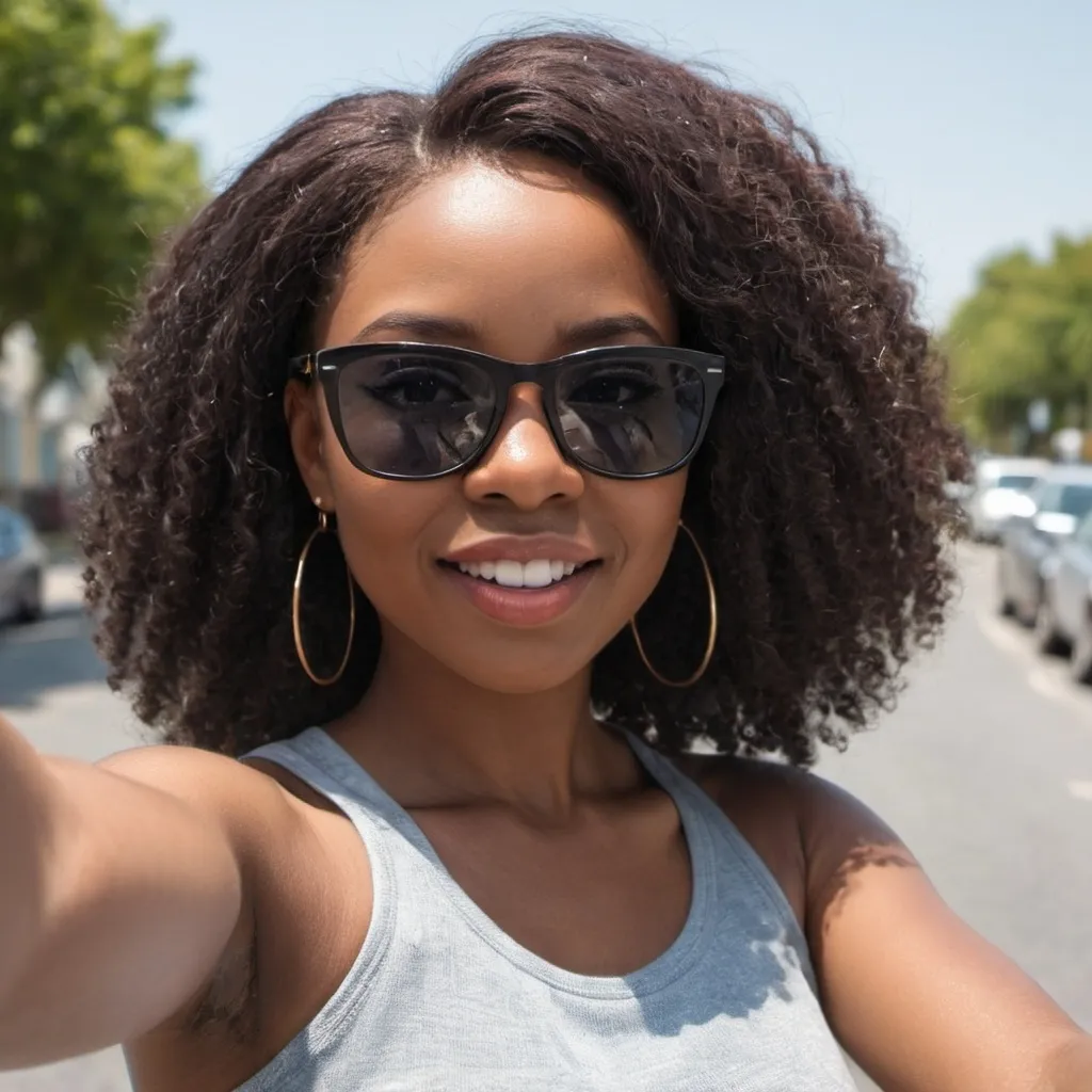 Prompt: A pretty black lady wearing shades taking selfie