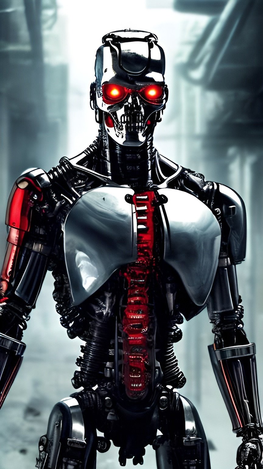 Prompt: terminator-like cyborg with steel exoskeleton upper body, chrome head tilted downward with menacing look, red eyes