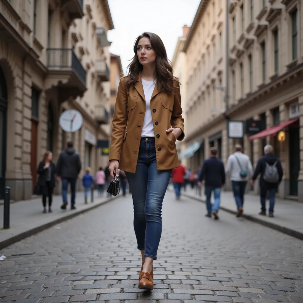Prompt: Tall young woman walking down the high street, detailed clothing, realistic, natural lighting