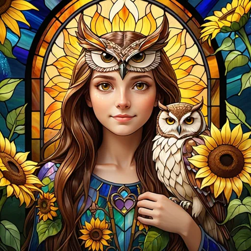 Prompt: stained glass magic owl and girl with brown hair and with sunflowers