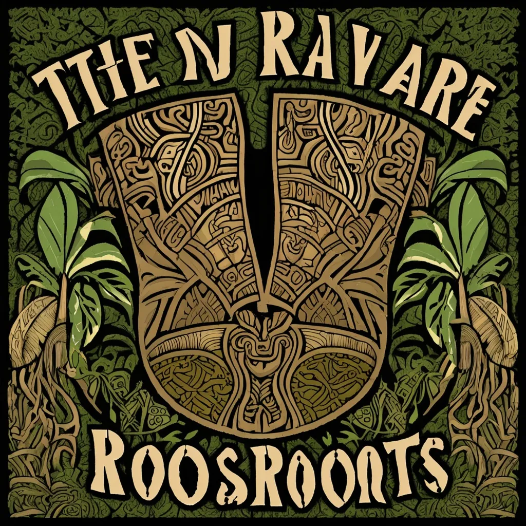 Prompt: Create a t shirt design that incorporates the words TheKavaRoots.com written in a graphic style. The image should include Polynesian patterns and have Polynesian tiki statues emerging from a tropical island ,plant roots and heart shaped leaves. The picture should be in many earthy colors contrasting light and dark. Leave a space in the image for wording.