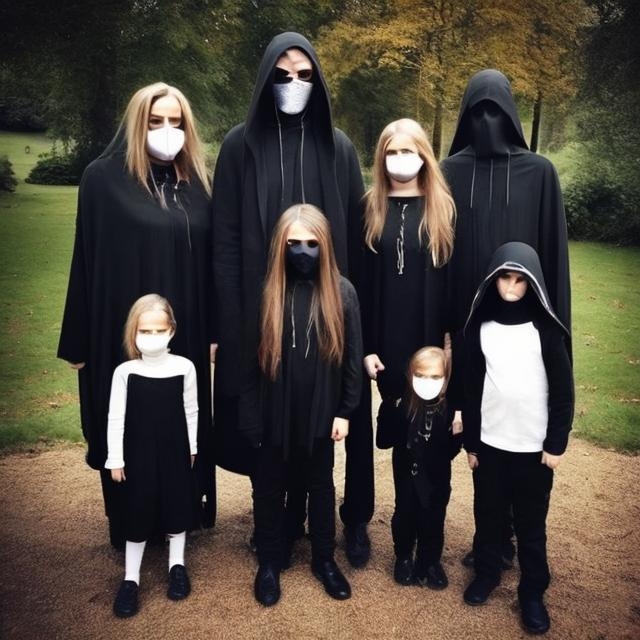 Prompt:  DJ ALAN Walker's Future Family that was Norwegian - British Family  that they have Dark Drapped Outfits on  With Black Mask on 