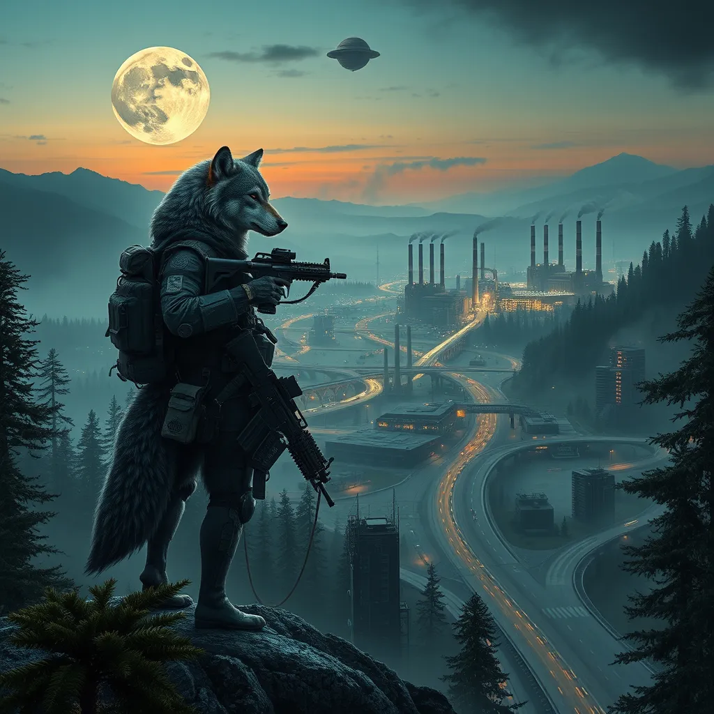 Prompt: A wolf wearing tactical gear with wolf arms and wolf legs carrying a tactical rifle standing in a dense foggy forest on a mountain top overlooking a huge cyberpunk futuristic city with factories that have smoke stacks with smoke coming out and high rise buildings with a lot of roads and highways with a heavy traffic at dusk with a full moon in the background that has a space station orbiting it