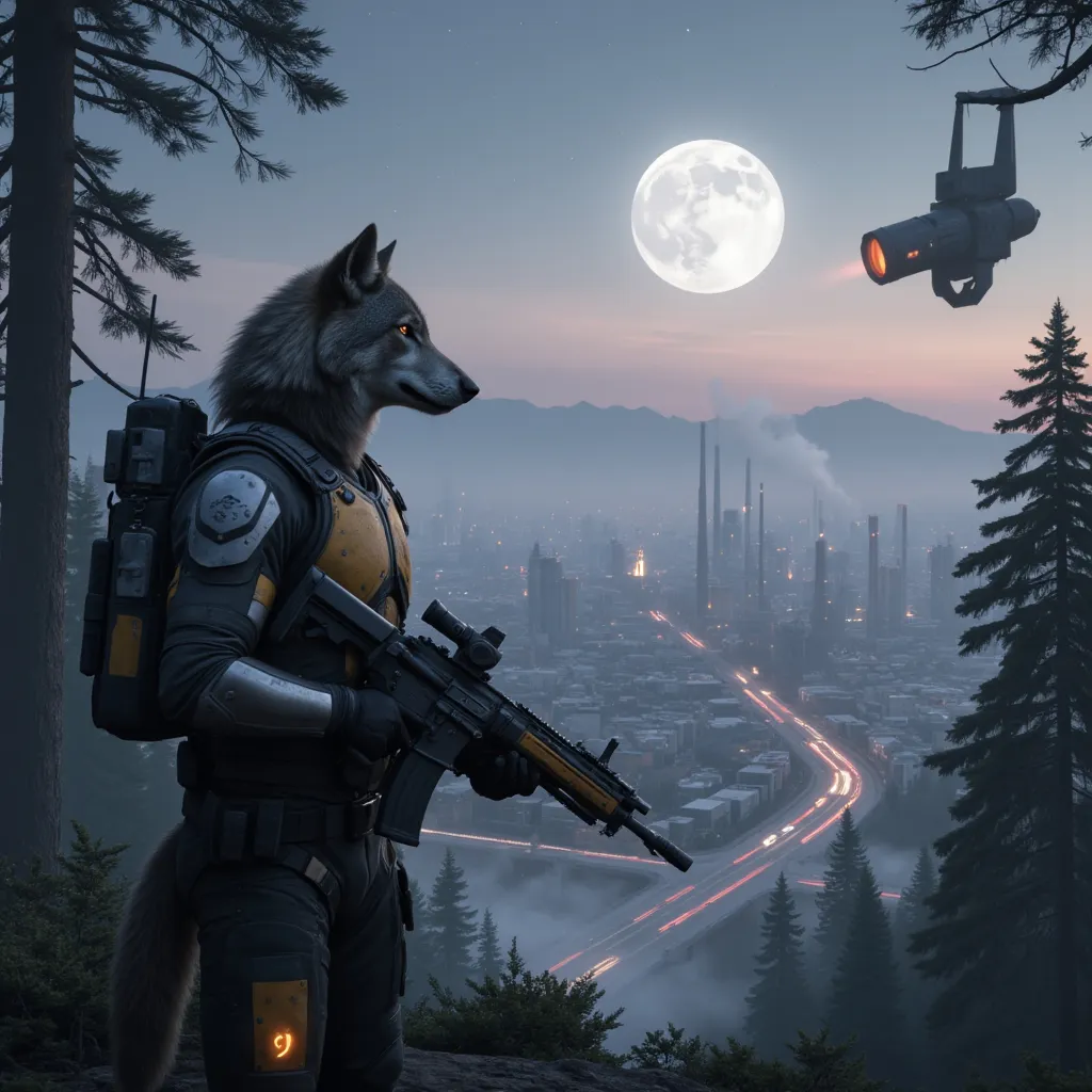 Prompt: A wolf wearing tactical gear with wolf arms and wolf legs hair exposed holding a tactical rifle standing in a dense foggy forest with an owl perched in a tree on a mountain top overlooking a distant huge futuristic cyberpunk city with factories that have smoke stacks with smoke coming out and high rise buildings with a lot of roads and highways with a heavy traffic at dusk with a full moon in the background that has a round space station orbiting it with the stars barely visible 