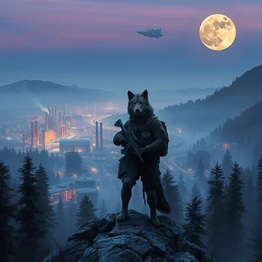 Prompt: A wolf wearing tactical gear with wolf arms and wolf legs holding a tactical rifle standing in a dense foggy forest on a mountain top overlooking a huge cyberpunk futuristic city with factories that have smoke stacks with smoke coming out and high rise buildings with a lot of roads and highways with a heavy traffic at dusk with a full moon in the background that has a space station orbiting it