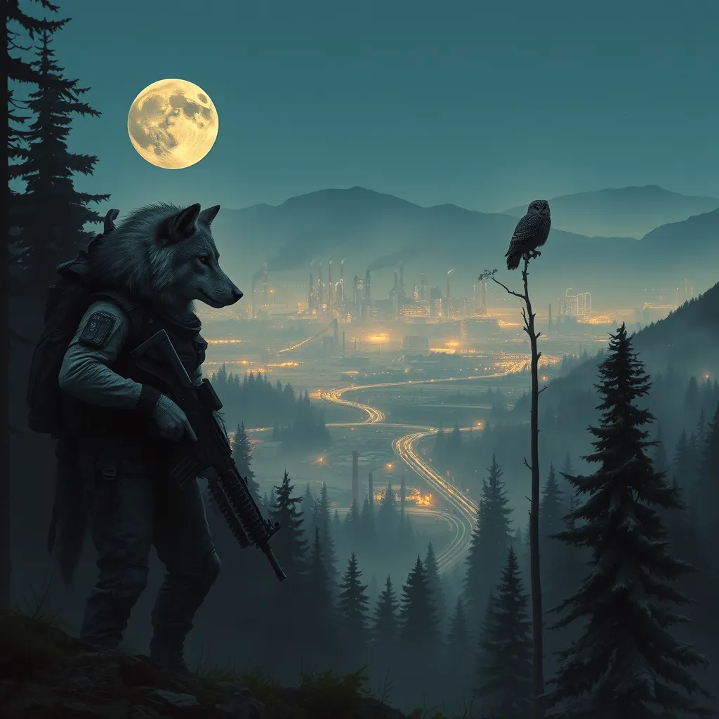 Prompt: A wolf wearing tactical gear with wolf arms and wolf legs hair exposed holding a tactical rifle standing in a dense foggy forest with an owl perched in a tree on a mountain top overlooking a distant huge futuristic cyberpunk city with houses scattered in the distant hills factories that have smoke stacks with smoke coming out and high rise buildings with a lot of roads and highways with a heavy traffic at dusk with a full moon in the background that has a round space station orbiting it with the stars barely visible 