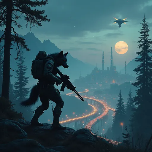 Prompt: A wolf with 2 wolf legs and 2 wolf arms wearing tactical gear carrying a sig sg-550 rifle in the thick forest on a mountain top overlooking a futuristic cyberpunk city with large highways and traffic with factories smoke stacks polluting and high rise buildings at night with distant stars and a full moon in the background with a small space station orbiting it