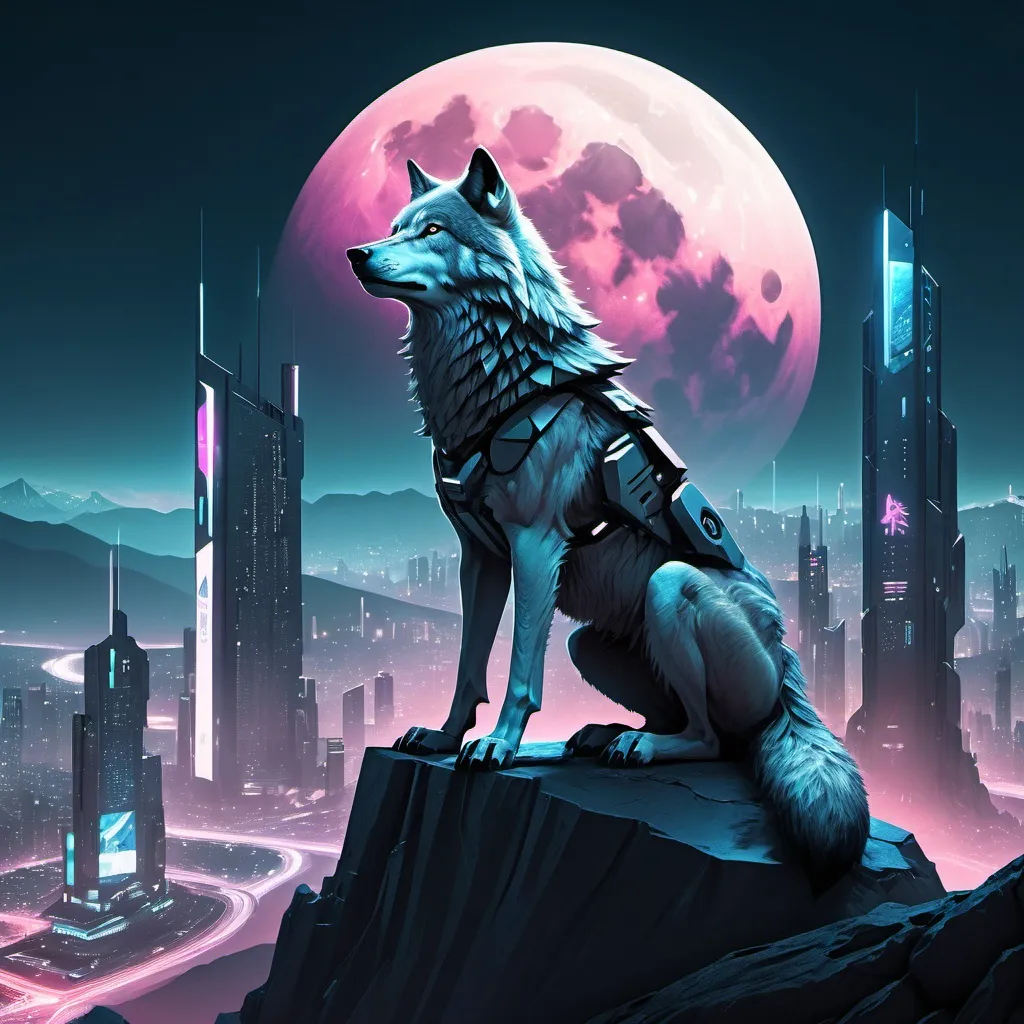 Prompt: A wolf sitting on a mountain overlooking a futuristic cyberpunk city at night with a full moon 
