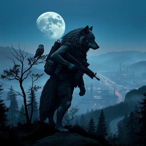 Prompt: A wolf wearing tactical gear with wolf arms and wolf legs hair exposed holding a tactical rifle standing in a dense foggy forest with an owl perched in a tree on a mountain top overlooking a distant huge cyberpunk futuristic city with factories that have smoke stacks with smoke coming out and high rise buildings with a lot of roads and highways with a heavy traffic at dusk with a full moon in the background that has a round space station orbiting it with the stars barely visible 