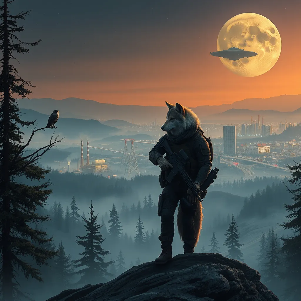 Prompt: A wolf wearing tactical gear with wolf arms and wolf legs hair exposed holding a tactical rifle standing in a dense foggy forest with an owl perched in a tree on a mountain top overlooking a distant huge futuristic cyberpunk city with houses scattered in the distant hills factories that have smoke stacks with smoke coming out and high rise buildings with a lot of roads and highways with a heavy traffic at dusk with a full moon in the background that has a round space station orbiting it with the stars barely visible 