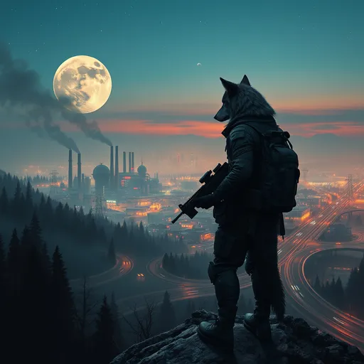 Prompt: A wolf wearing tactical gear with wolf arms and wolf legs holding a tactical rifle standing in a dense foggy forest on a mountain top overlooking a huge cyberpunk futuristic city with factories that have smoke stacks with smoke coming out and high rise buildings with a lot of roads and highways with a heavy traffic at dusk with a full moon in the background that has a round space station orbiting it with the stars barely visible and saturn very small in the distant sky