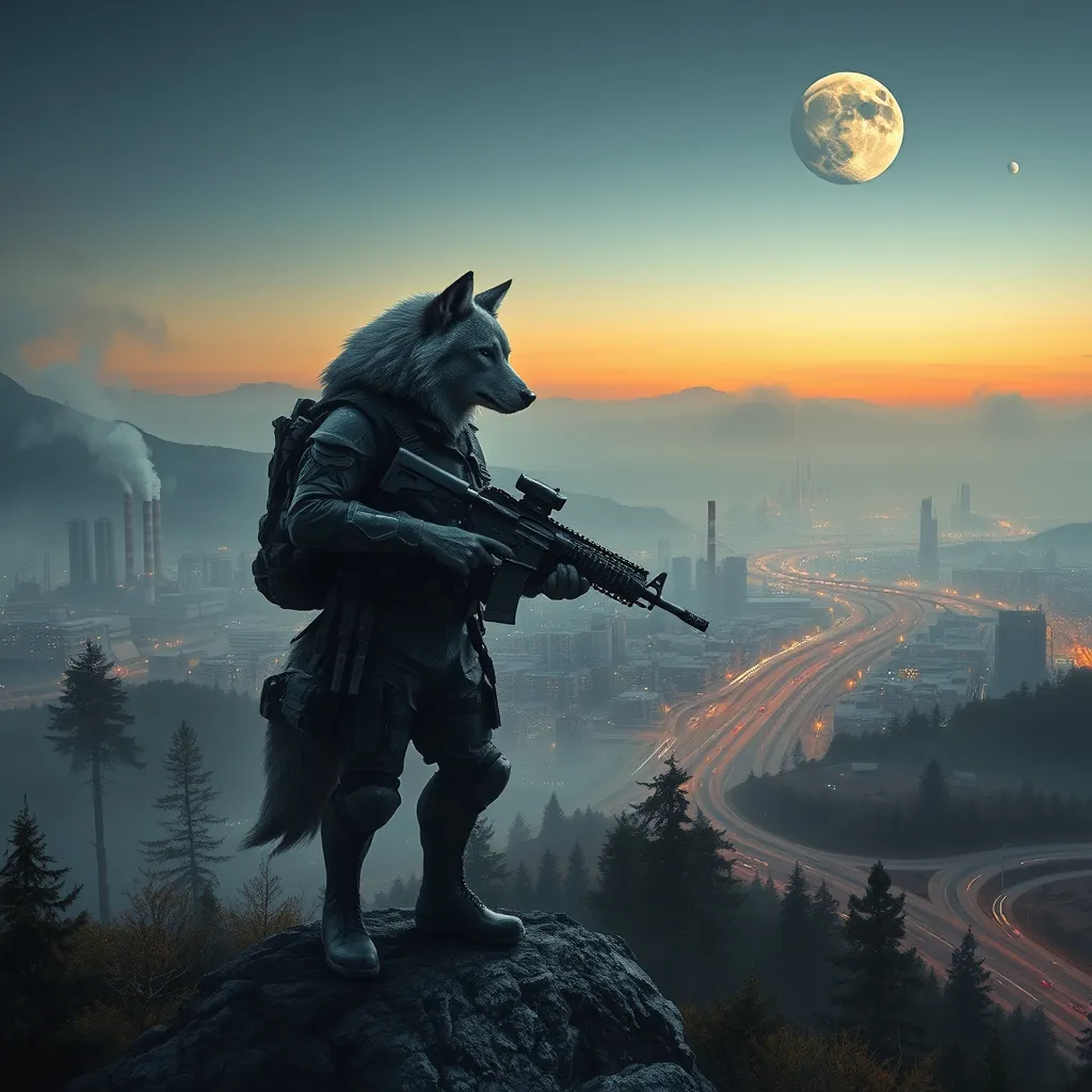 Prompt: A wolf wearing tactical gear with wolf arms and wolf legs holding a tactical rifle standing in a dense foggy forest on a mountain top overlooking a huge cyberpunk futuristic city with factories that have smoke stacks with smoke coming out and high rise buildings with a lot of roads and highways with a heavy traffic at dusk with a full moon in the background that has a round space station orbiting it with the stars barely visible and Saturn very small in the distant sky