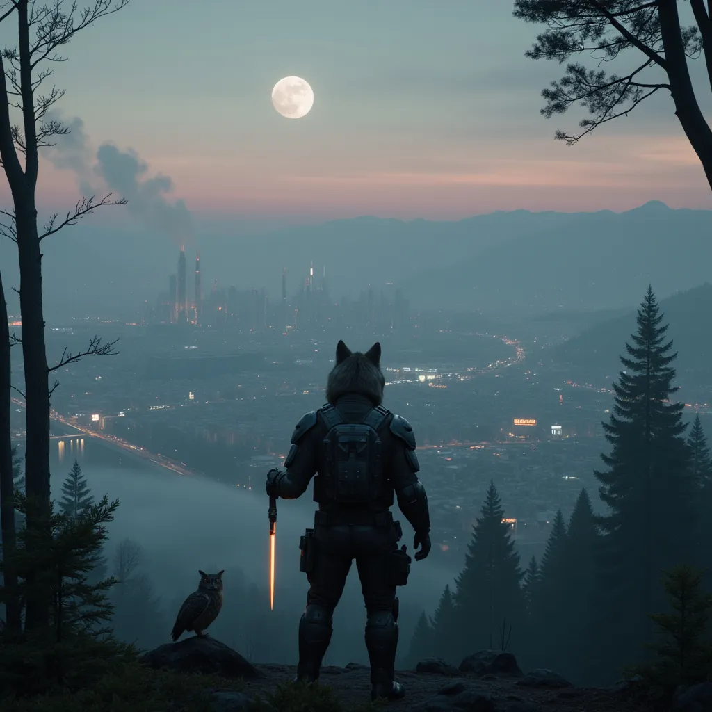 Prompt: A wolf wearing tactical gear with wolf arms and wolf legs hair exposed holding a tactical rifle standing in a dense foggy forest with an owl perched in a tree on a mountain top overlooking a distant huge futuristic cyberpunk city with factories that have smoke stacks with smoke coming out and high rise buildings with a lot of roads and highways with a heavy traffic at dusk with a full moon in the background that has a round space station orbiting it with the stars barely visible 