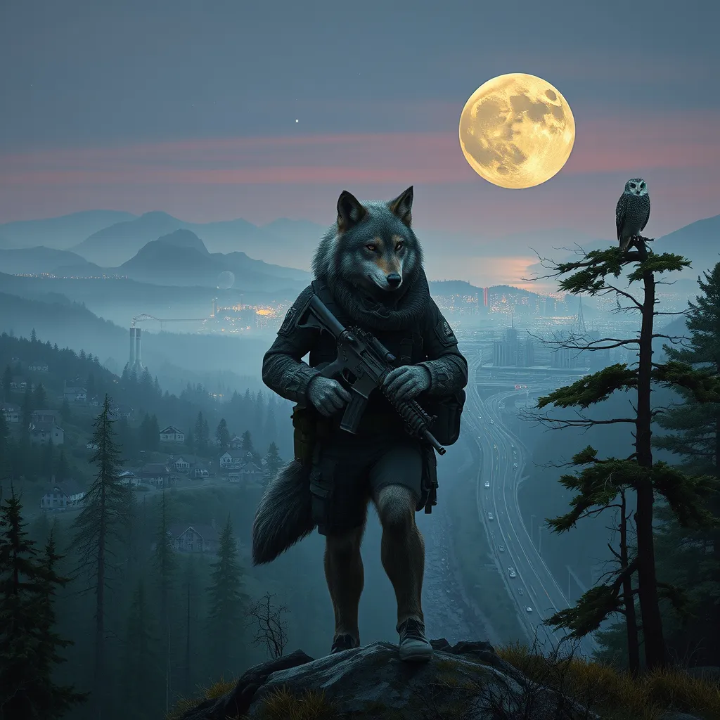 Prompt: A wolf wearing tactical gear with wolf arms and wolf legs hair exposed holding a tactical rifle standing in a dense foggy forest with an owl perched in a tree on a mountain top overlooking a distant huge futuristic cyberpunk city with houses scattered in the distant hills factories that have smoke stacks with smoke coming out and high rise buildings with a lot of roads and highways with a heavy traffic at dusk with a full moon in the background that has a round space station orbiting it with the stars barely visible 