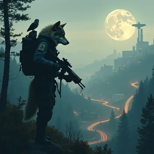 Prompt: A wolf wearing tactical gear with wolf arms and wolf legs hair exposed holding a tactical rifle standing in a dense foggy forest with an owl perched in a tree on a mountain top overlooking a distant huge futuristic cyberpunk city with houses scattered in the distant hills factories that have smoke stacks with smoke coming out and high rise buildings with a lot of roads and highways with a heavy traffic at dusk with a full moon in the background that has a round space station orbiting it with the stars barely visible 