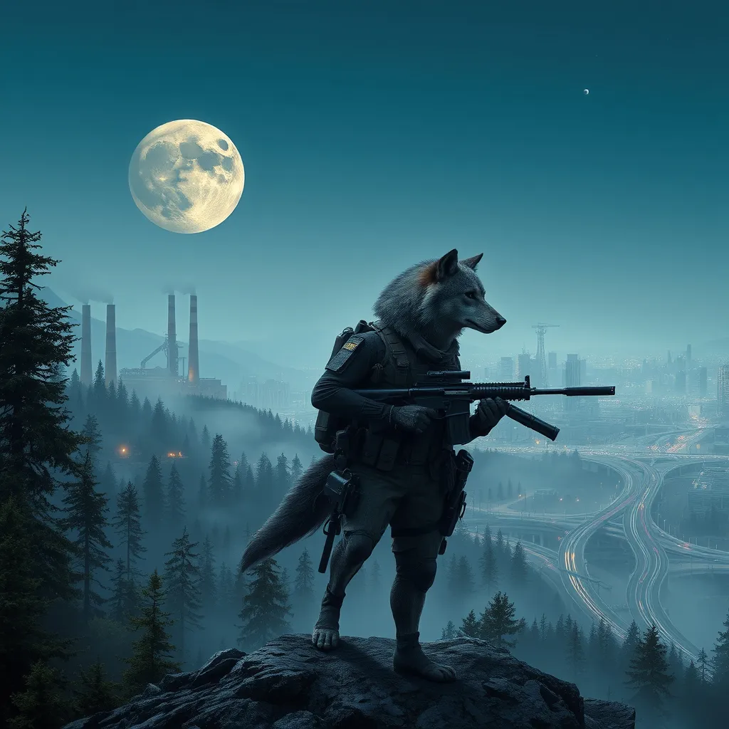 Prompt: A wolf wearing tactical gear with wolf arms and wolf legs holding a tactical rifle standing in a dense foggy forest on a mountain top overlooking a huge cyberpunk futuristic city with factories that have smoke stacks with smoke coming out and high rise buildings with a lot of roads and highways with a heavy traffic at dusk with a full moon in the background that has a round space station orbiting it with the stars barely visible and saturn very small in the distant sky