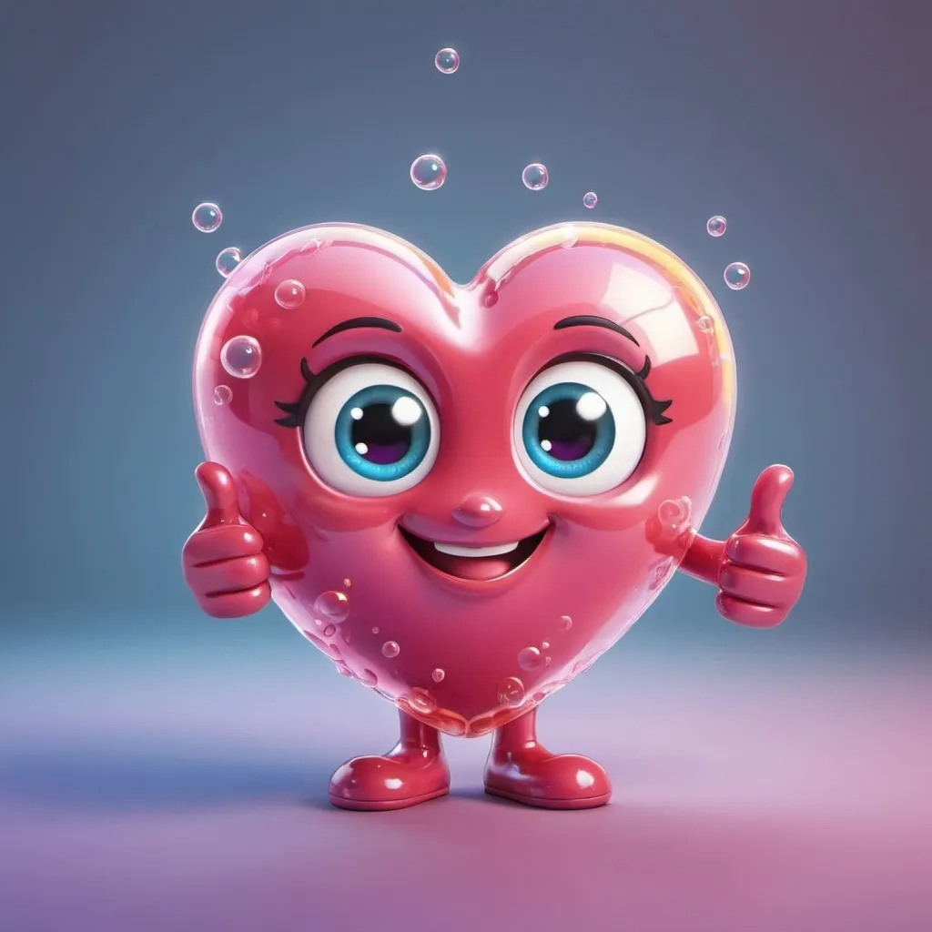 Prompt: A cute, glossy, liquid-like heart mascot with a cheerful expression. The mascot has large, shiny eyes with reflections, a smiling face, and a transparent, glowing jelly-like body filled with floating bubbles. The color scheme is a soft gradient of blue, pink, and purple, giving it a dreamy, futuristic look. It has small floating hands, one giving a thumbs-up, and it holds a small card in the other. The background is warm and simple, making the character stand out with a glowing effect."