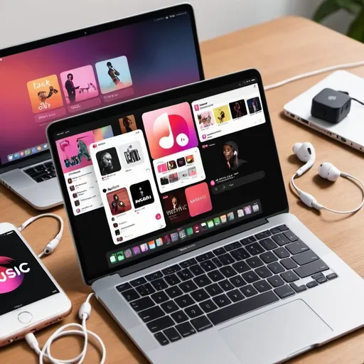 Prompt: a image with four picture about apple music, favourite music playlist, listen music on laptop and earphone

