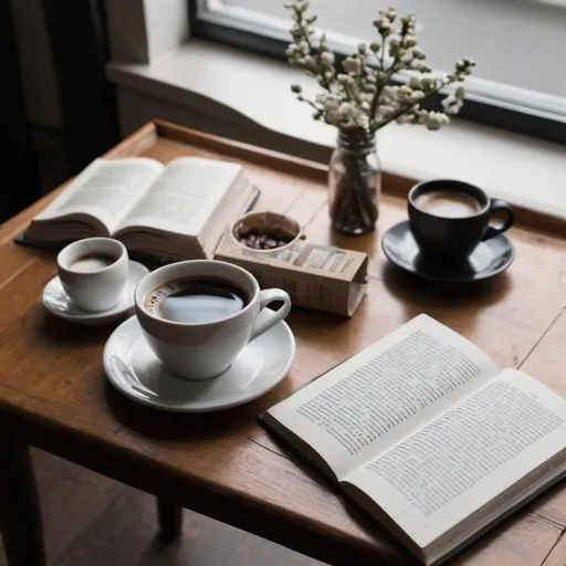 Prompt: reading table with coffee and stuff