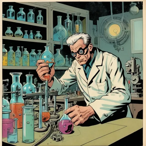 Prompt: A mad scientist in a lab, in the style of Jack Kirby and Wally Wood, 1290 vintage comic, faded colors