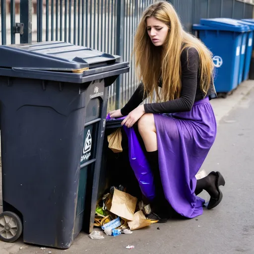 Prompt: very young beautifull dirty humiliated very long gold disheveled hair homeless woman with in purple long pencil skirt in ripped black stockings and wedge slippers searching through trash in a bin full of garbage