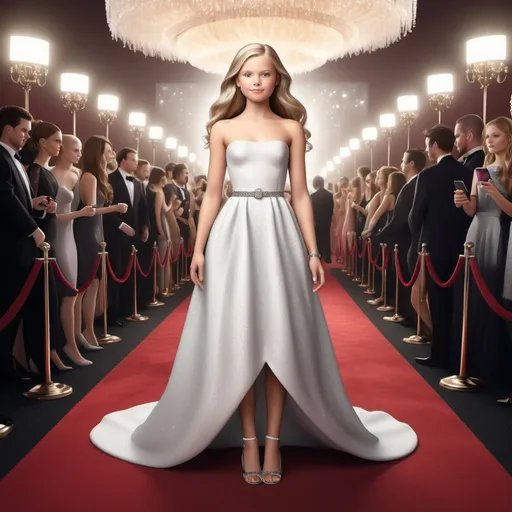 Prompt: Create a highly detailed digital image of another full-body shot of a 23-year-old White American girl model (Face should be different different in each generation) walking on a red carpet, wearing an eye-catching designer gown (In each generation dress should be different different). The background should feature spotlights and camera flashes, capturing the essence of a glamorous event. The lighting should be bright and focused, enhancing her outfit and pose, while the image remains crystal-clear and lifelike. The image should be lifelike, focusing on natural beauty with a warm, friendly expression. Use a close-up, zoomed-in camera perspective to highlight facial features, ensuring ultra-clear, high-resolution, crystal-clear details. The image should feel authentic and human-like, with soft lighting and subtle skin tones. The image should feel authentic and human-like, with soft lighting and subtle skin tones. The image should look 100000000000000000000000000% like a real human, with the camera lens capturing her from a close-up distance, zoomed-in, crystal clear, and in fully high-resolution.