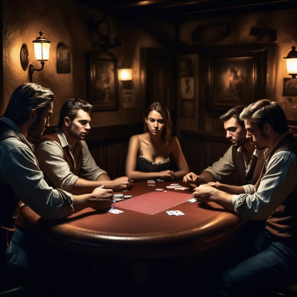 Prompt: In a tavern bar four card player one of the  player us cheating , the light in the picture comes From left to right 